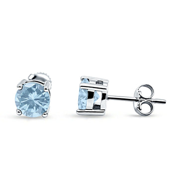 Solitaire Push Back Stud Earring Round Simulated Aquamarine 925 Sterling Silver Wholesale